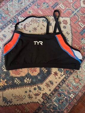 TYR Black Swim Crop Top with Orange and Blue Panels